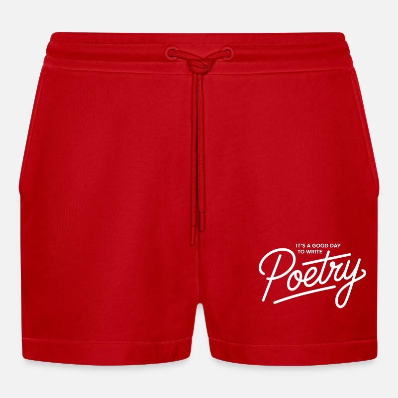 Poetry Script on Black Tee - Organic Relaxed Cropped Shorts Made in EU - red