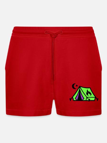Tent Campfire Festival Icon - Organic Relaxed Cropped Shorts Made in EU - red
