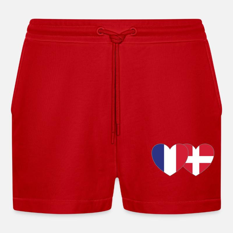 Frankrig Danmark Flag Hjerte - Organic relaxed cropped shorts made in EU - rød