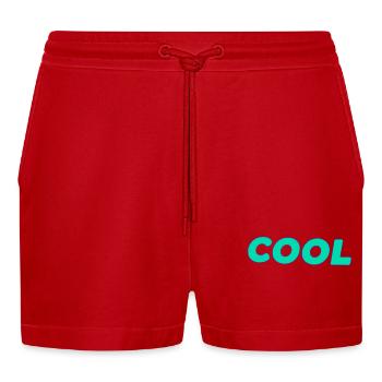 Coole retro-cyanfarbene Schrift - Organic Relaxed Cropped Shorts Made in EU - Rot - Vorne