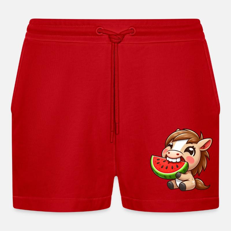 Cooles Pferd Sommer Wassermelone Comic Cartoon - Organic Relaxed Cropped Shorts Made in EU - Rot