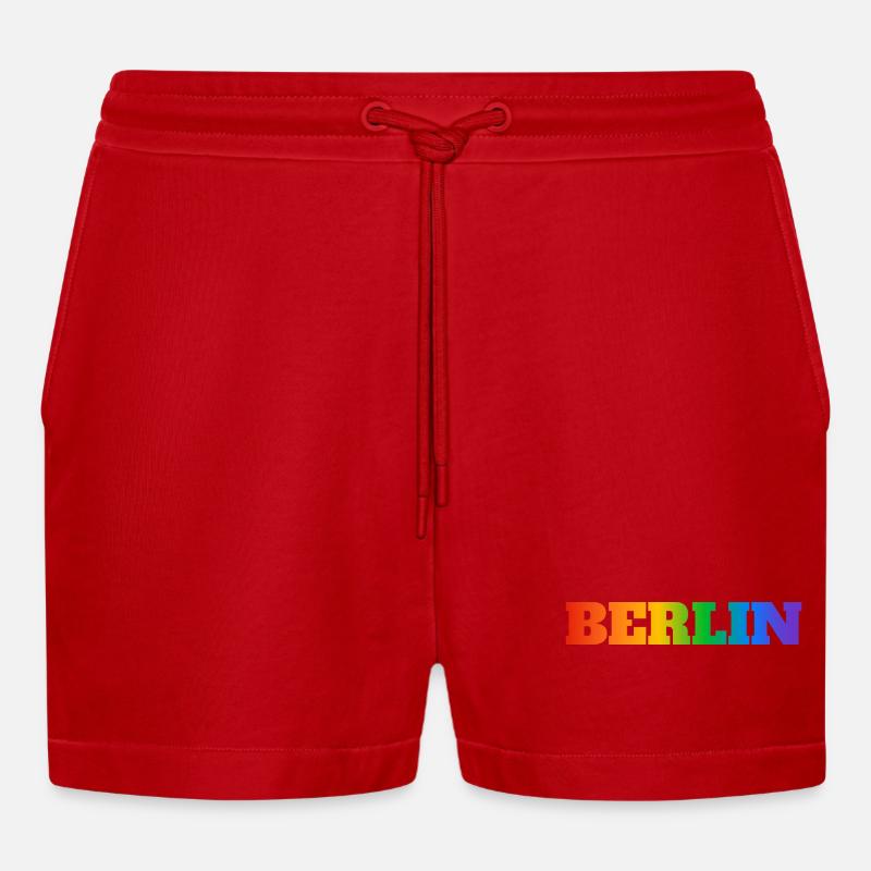 Berlin Rainbow Text - Organic Relaxed Cropped Shorts Made in EU - red