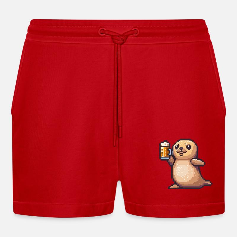 Robbe Tier Pixel Bier - Organic Relaxed Cropped Shorts Made in EU - Rot