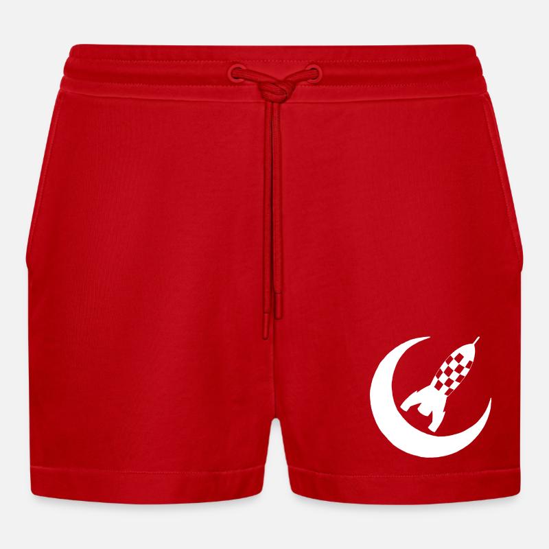 White rocket and half moon - Organic Relaxed Cropped Shorts Made in EU - red