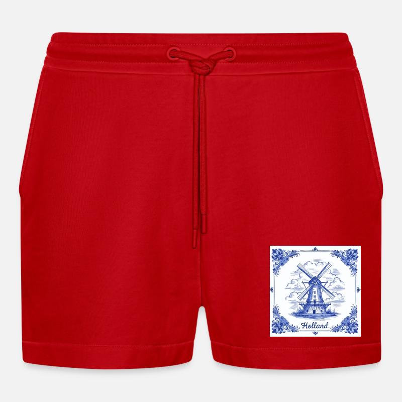 Delft blue windmill tile - Organic Relaxed Cropped Shorts Made in EU - red