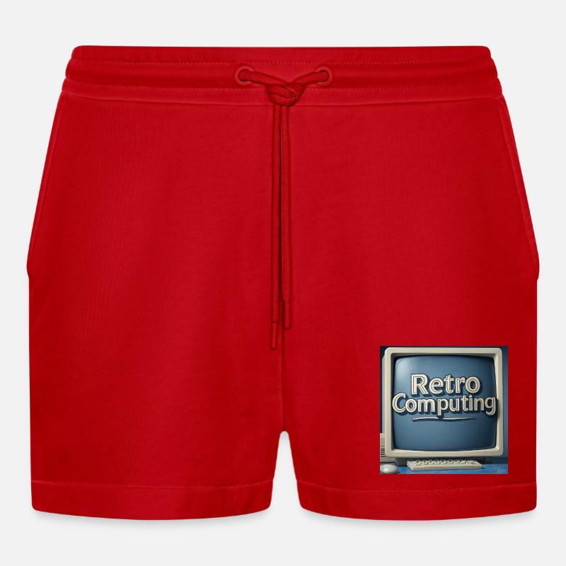 Retro Computer Graphics on Blue Background - Organic Relaxed Cropped Shorts Made in EU - red