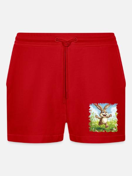 Cheerful bunny in spring meadow - Organic Relaxed Cropped Shorts Made in EU - red