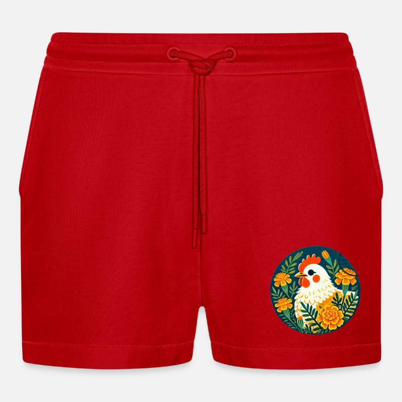 Sonnenhühner zwischen kräftigen Blumen - Organic Relaxed Cropped Shorts Made in EU - Rot