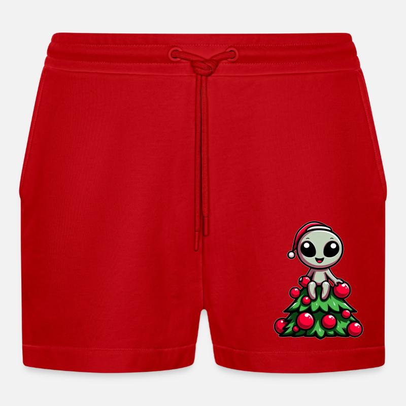 Funny Alien Christmas Tree Whimsical - Organic Relaxed Cropped Shorts Made in EU - red