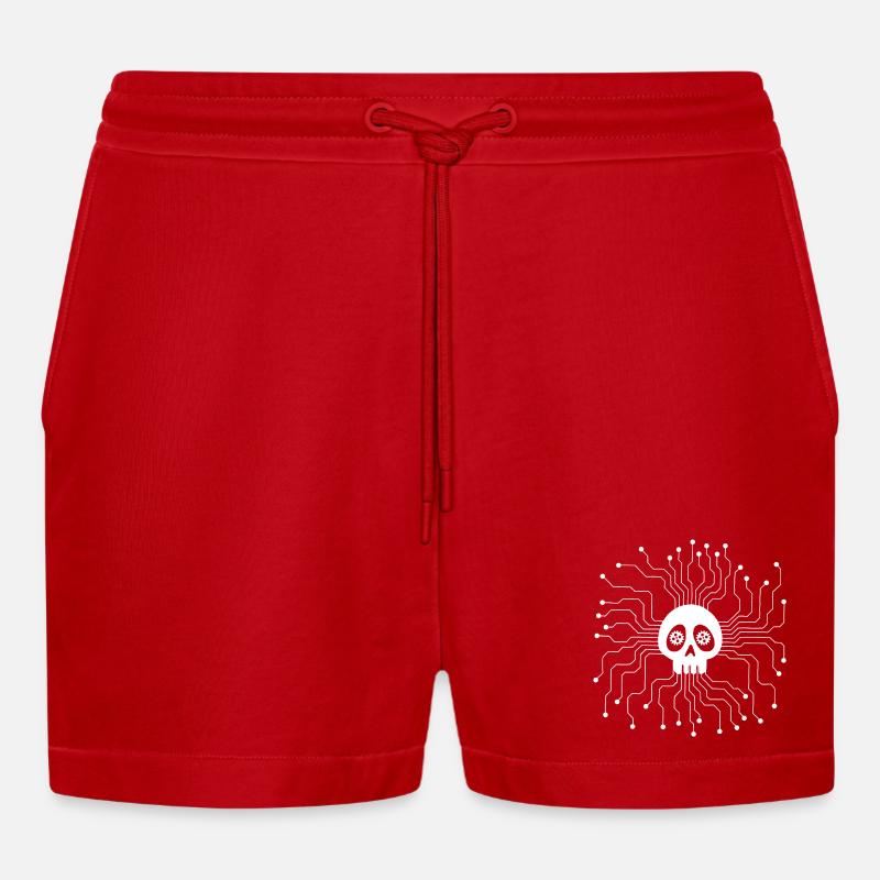 White Microprocessor Skull - Organic Relaxed Cropped Shorts Made in EU - red