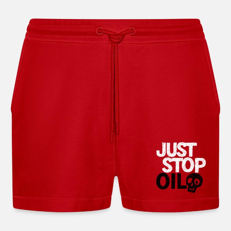 Bold 'Just Stop' Protest Graphic - Organic Relaxed Cropped Shorts Made in EU - red