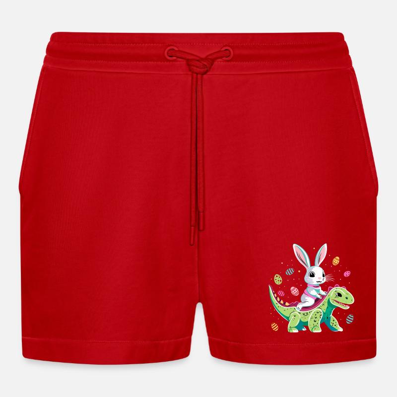 Easter Bunny Rides Dinosaur - Organic Relaxed Cropped Shorts Made in EU - red
