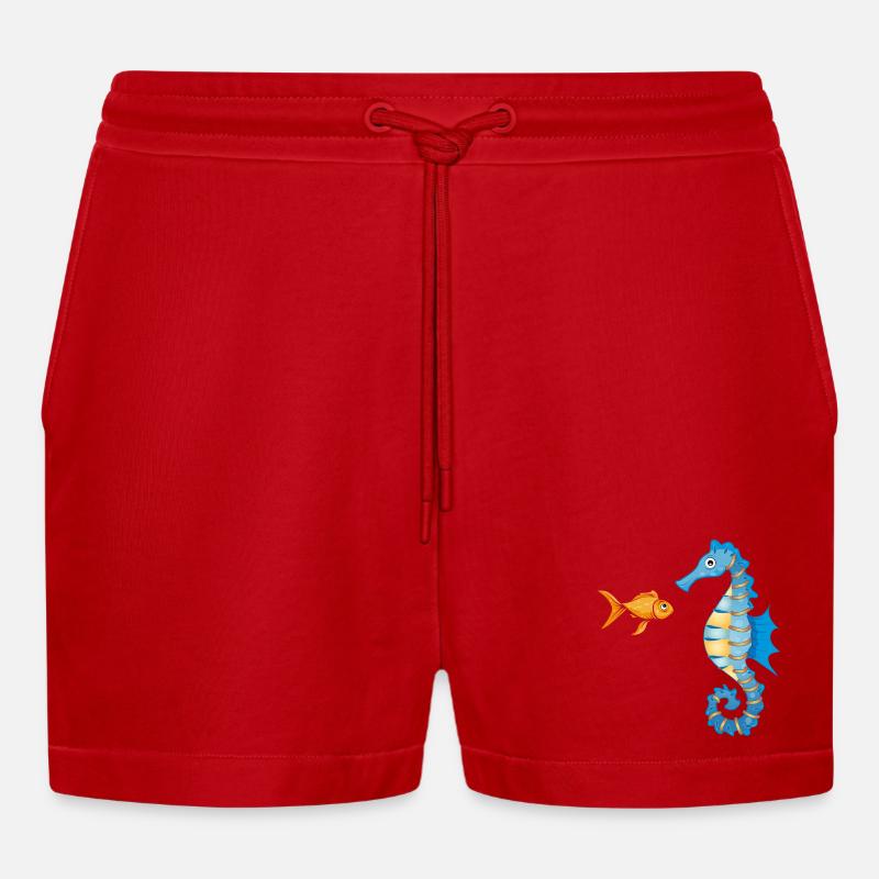 niedlicher Comic Goldfisch und Seepferdchen - Organic Relaxed Cropped Shorts Made in EU - Rot