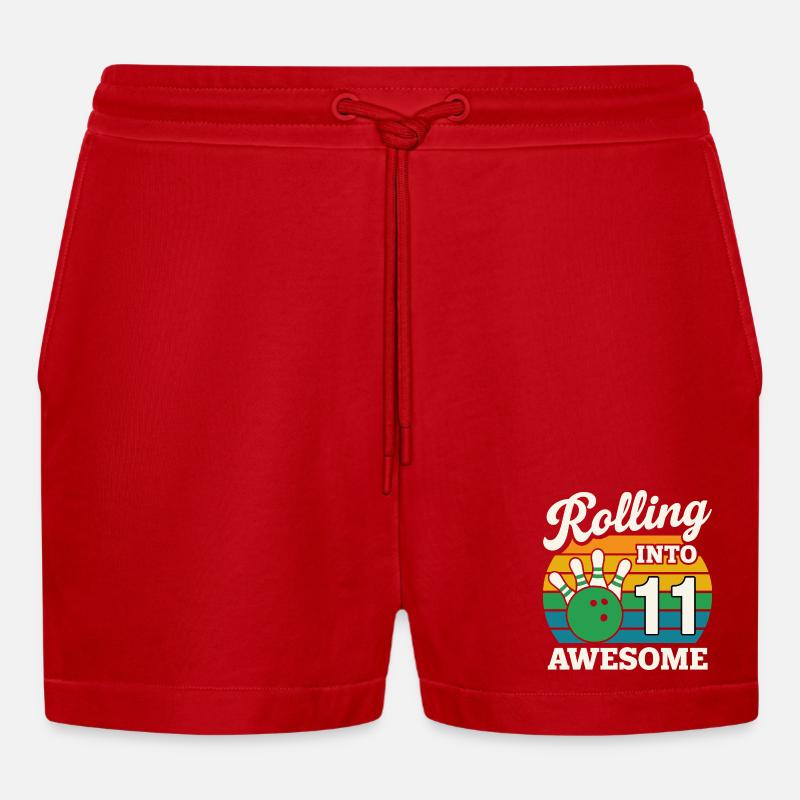 Retro 11 Bowling Celebration Tee - Organic Relaxed Cropped Shorts Made in EU - red