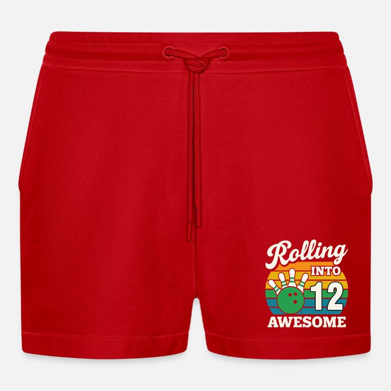 Rolling Into 12s Bowling Celebration - Organic Relaxed Cropped Shorts Made in EU - red