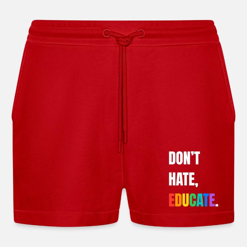 Dont Hate Educate Rainbow Font - Organic Relaxed Cropped Shorts Made in EU - red