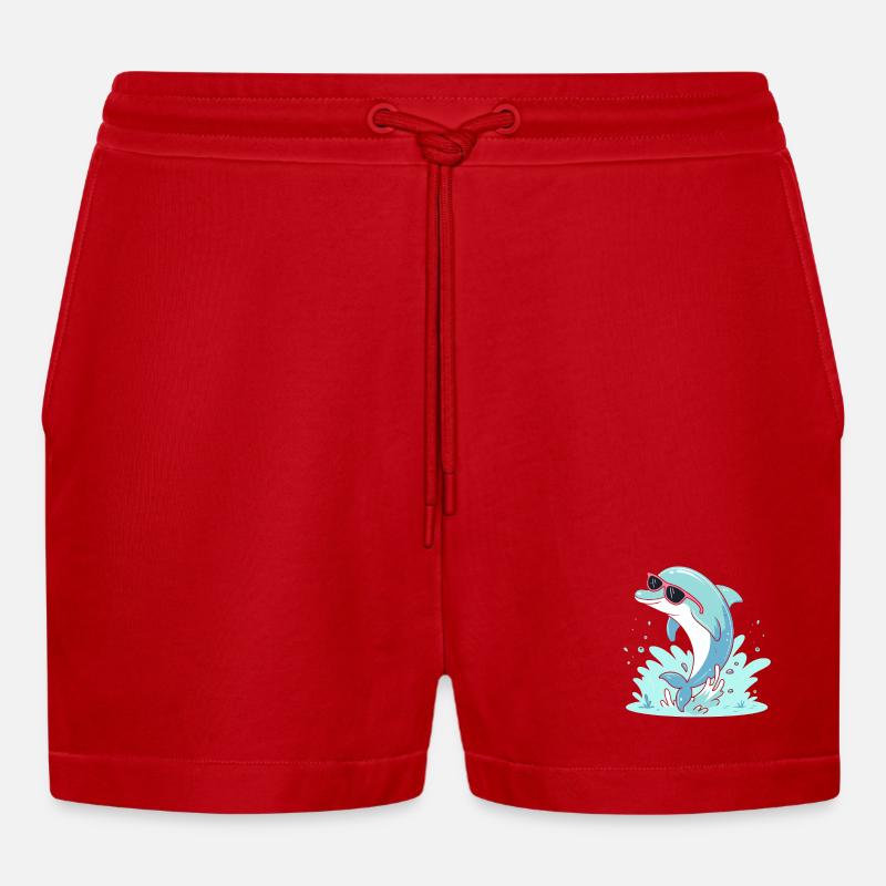 Dolphin Summer Pink Glasses - Organic Relaxed Cropped Shorts Made in EU - red