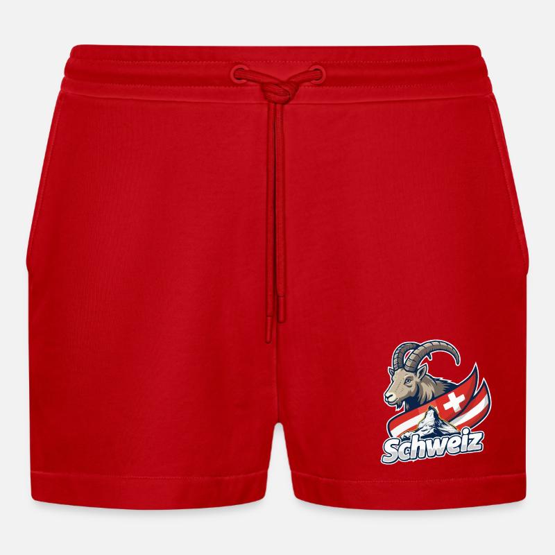 Alpensteinbock mit Schweizer Flagge - Organic Relaxed Cropped Shorts Made in EU - Rot