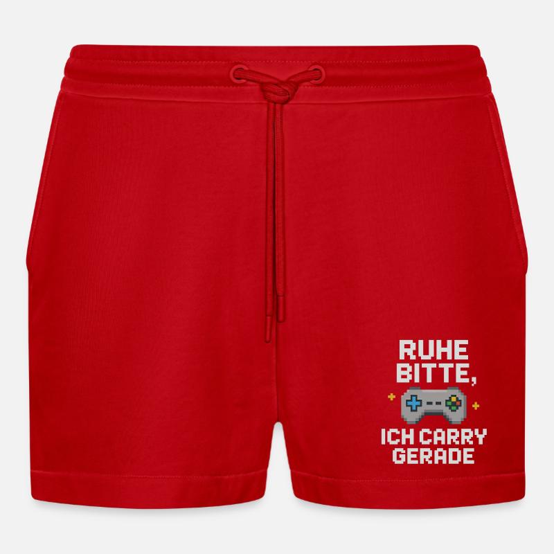 Silence Please Pixel Controller Graphics - Organic Relaxed Cropped Shorts Made in EU - red