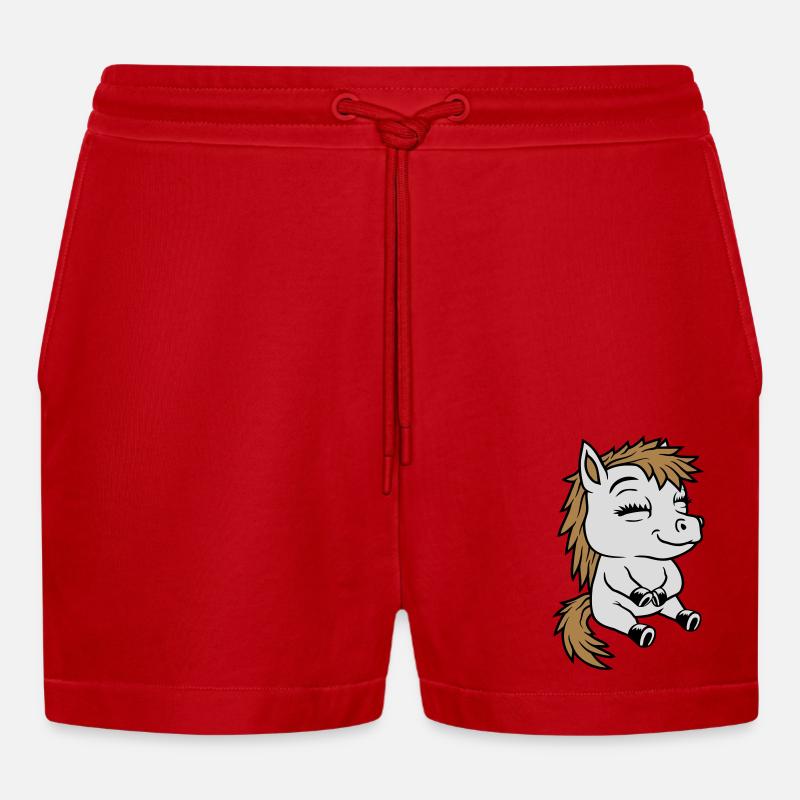 Kleines sitzendes Comic Pony - Organic Relaxed Cropped Shorts Made in EU - Rot