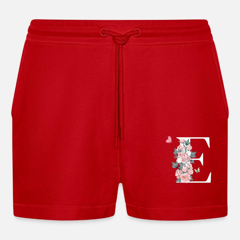 Buchstabe e rosa Blumen - Organic Relaxed Cropped Shorts Made in EU - Rot