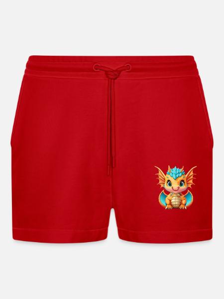 Drachen Blau Orange - Organic Relaxed Cropped Shorts Made in EU - Rot