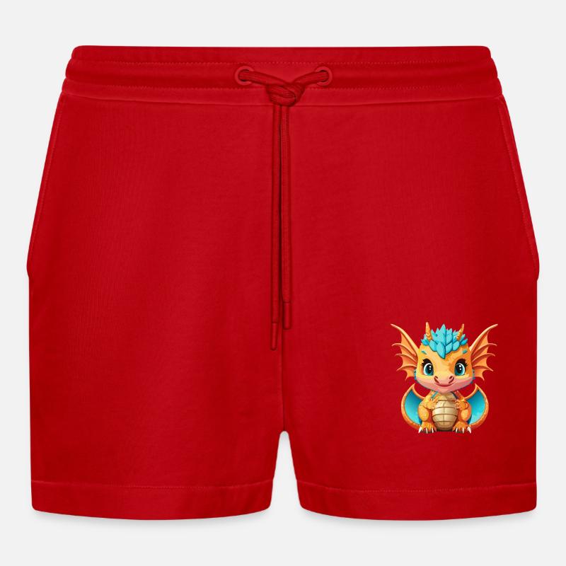 Drachen Blau Orange - Organic Relaxed Cropped Shorts Made in EU - Rot