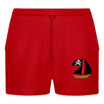 Painted Pirate Ship Kids Motif Drawing Cool - Organic Relaxed Cropped Shorts Made in EU - red - Front