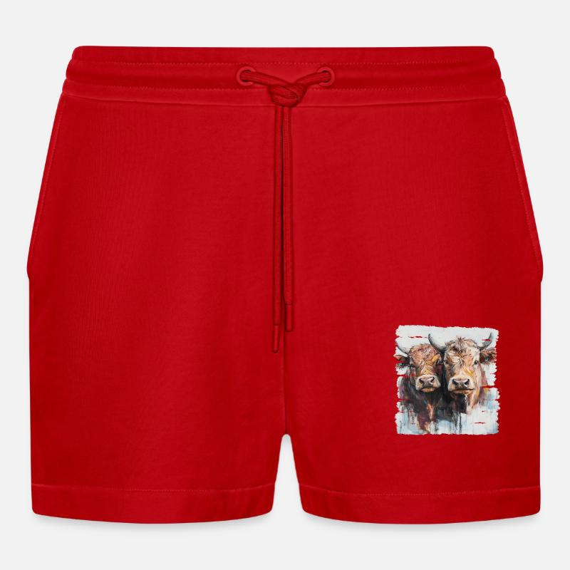 Zwei Jungbullen oder zwei Kühe? - Organic Relaxed Cropped Shorts Made in EU - Rot