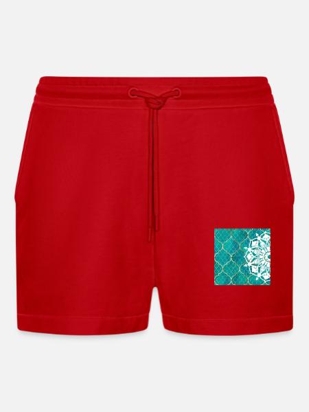 Teal Mandala Moroccan Art - Organic Relaxed Cropped Shorts Made in EU - red