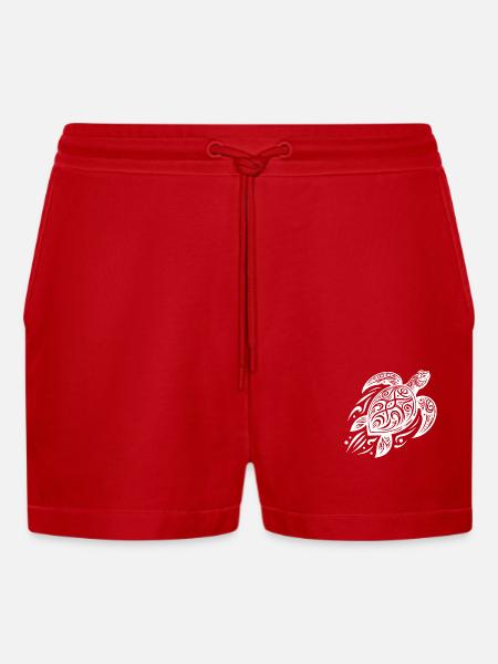 Powerful Pacific Turtle Meets Tribal - Organic Relaxed Cropped Shorts Made in EU - red