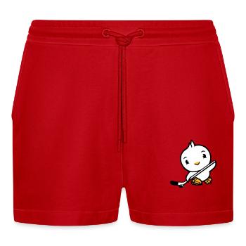Bird Playing Hockey Sport Puck Stick Hobby - Organic Relaxed Cropped Shorts Made in EU - red - Front