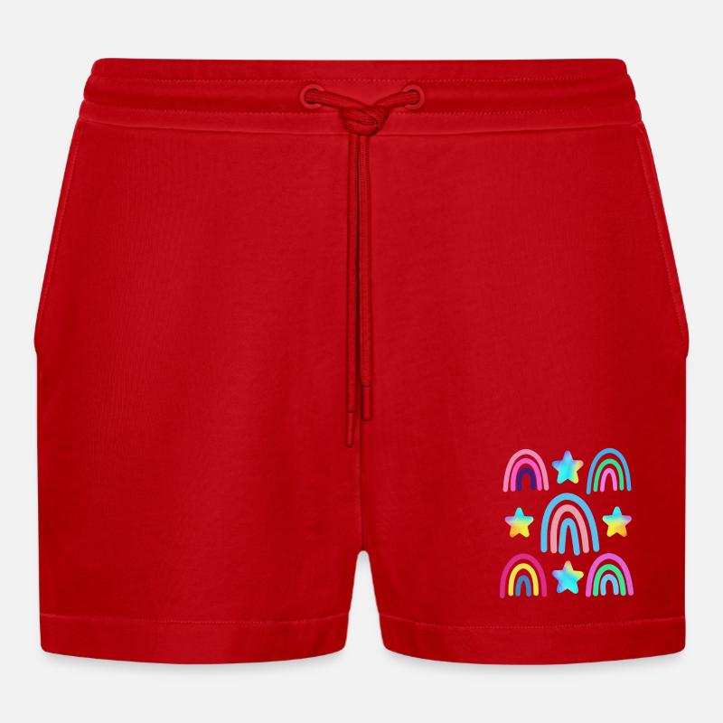 bunter Regenbogen und Sterne - Organic Relaxed Cropped Shorts Made in EU - Rot