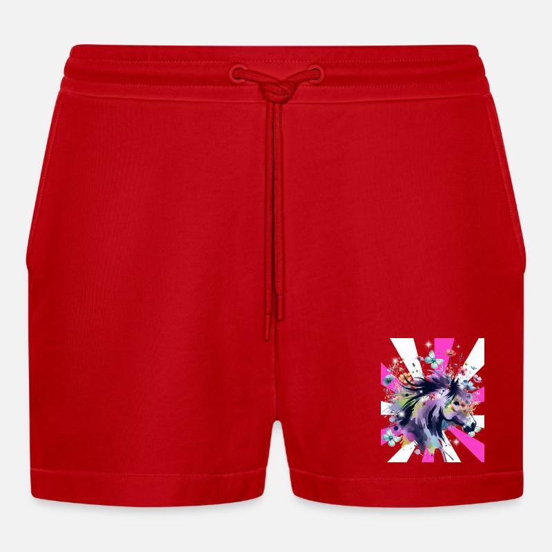 Retro Pferd Pferde Mädchen 60er Blumen - Organic Relaxed Cropped Shorts Made in EU - Rot