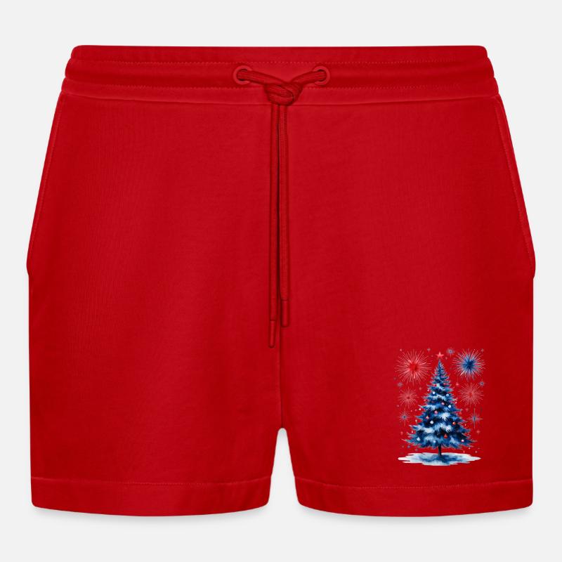 Fireworks Christmas Tree Pattern - Organic Relaxed Cropped Shorts Made in EU - red