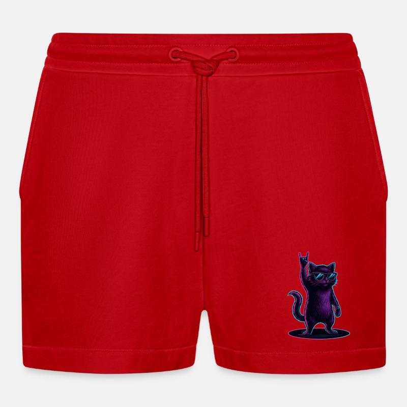 Synthwave Kater Katze mit Rockhand Pose - Organic Relaxed Cropped Shorts Made in EU - Rot