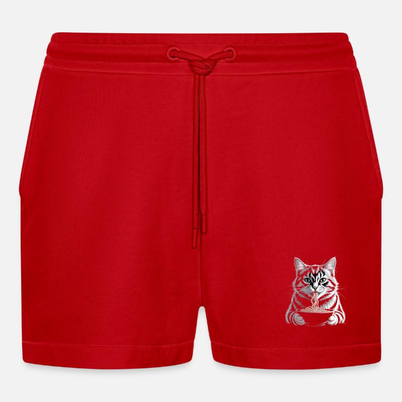 Cat Eats Ramen - Organic Relaxed Cropped Shorts Made in EU - red