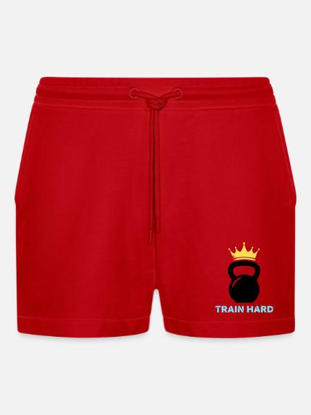 Kettlebell Crown Train Hard - Organic Relaxed Cropped Shorts Made in EU - red