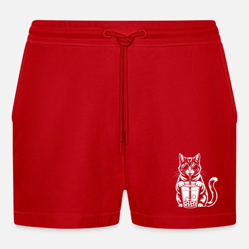 Katze mit Bubble Tee - Organic Relaxed Cropped Shorts Made in EU - Rot