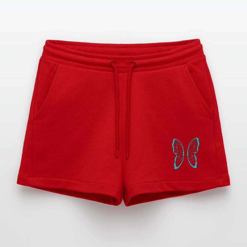 Turquoise butterfly wing pattern on black Organic Relaxed Cropped Shorts Made in EU