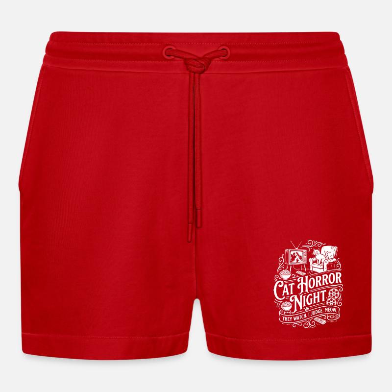 Cat Horror Night - Organic Relaxed Cropped Shorts Made in EU - red