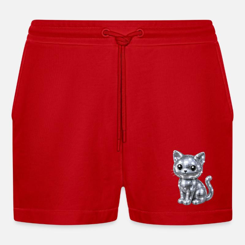 Cat Disco Glitter - Organic Relaxed Cropped Shorts Made in EU - red