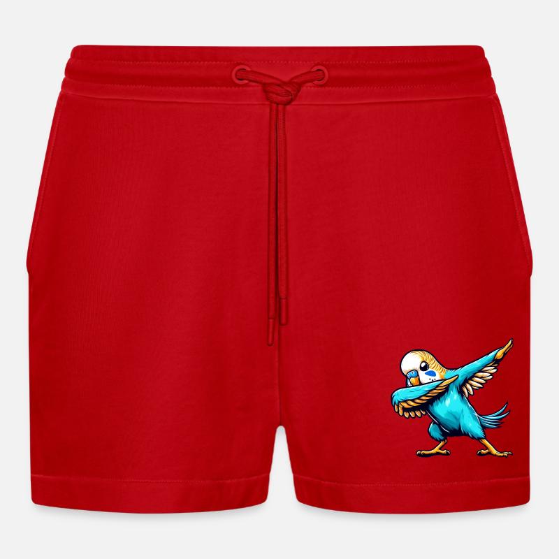 Cool Budgie Dabbing Comic - Organic Relaxed Cropped Shorts Made in EU - red