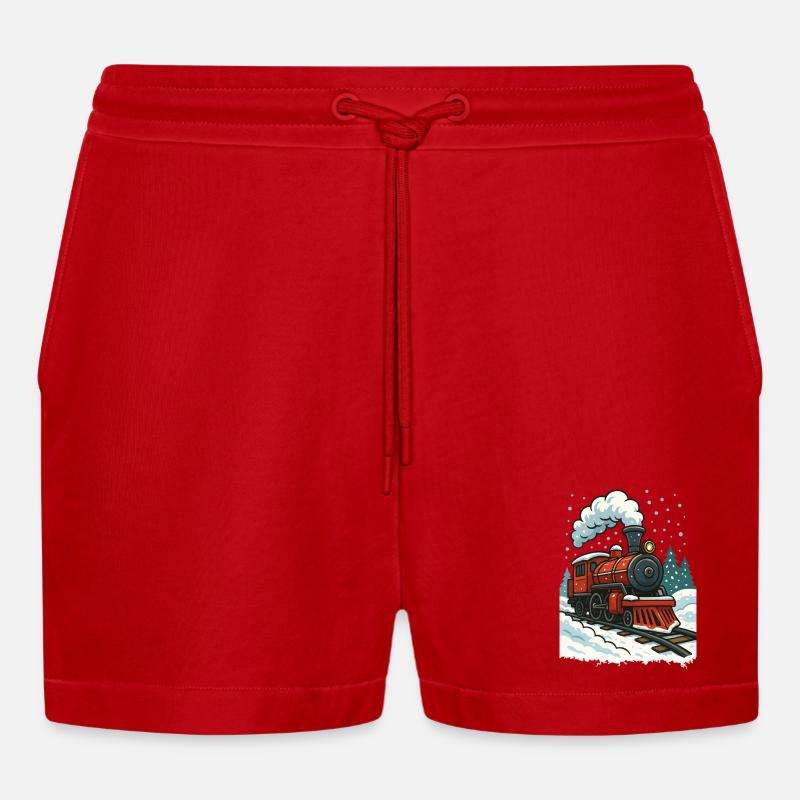 Winterliche Dampflok Comic - Organic Relaxed Cropped Shorts Made in EU - Rot
