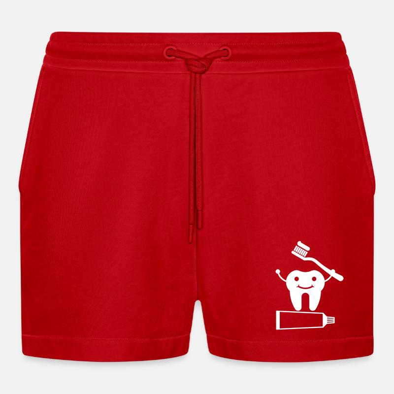 Tooth with toothbrush and toothpaste - Organic Relaxed Cropped Shorts Made in EU - red
