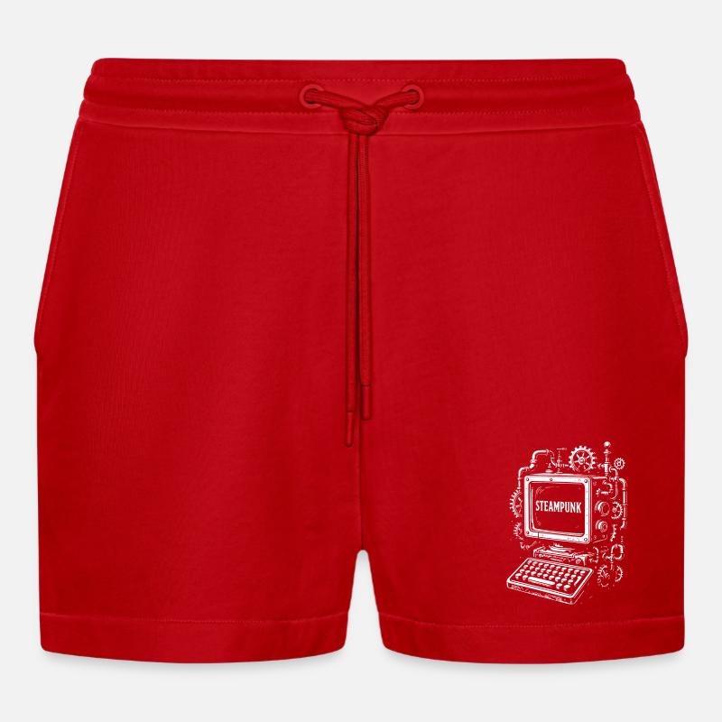 Steampunk Computer Gearwork - Organic Relaxed Cropped Shorts Made in EU - red