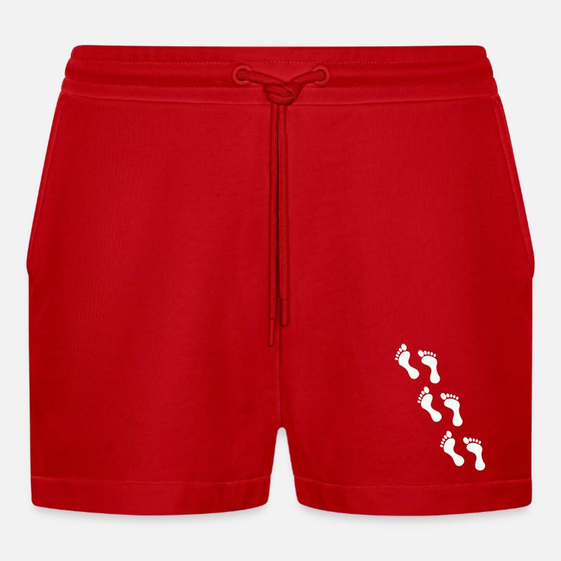 Small footprints on black - Organic Relaxed Cropped Shorts Made in EU - red