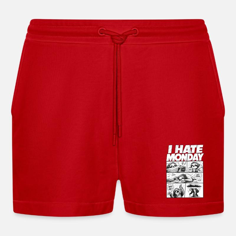 I Hate Monday Sloth Comic - Organic Relaxed Cropped Shorts Made in EU - red