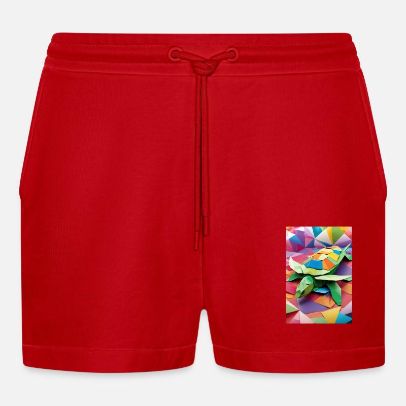 Rainbow Shell - Origami Turtle - Organic Relaxed Cropped Shorts Made in EU - red