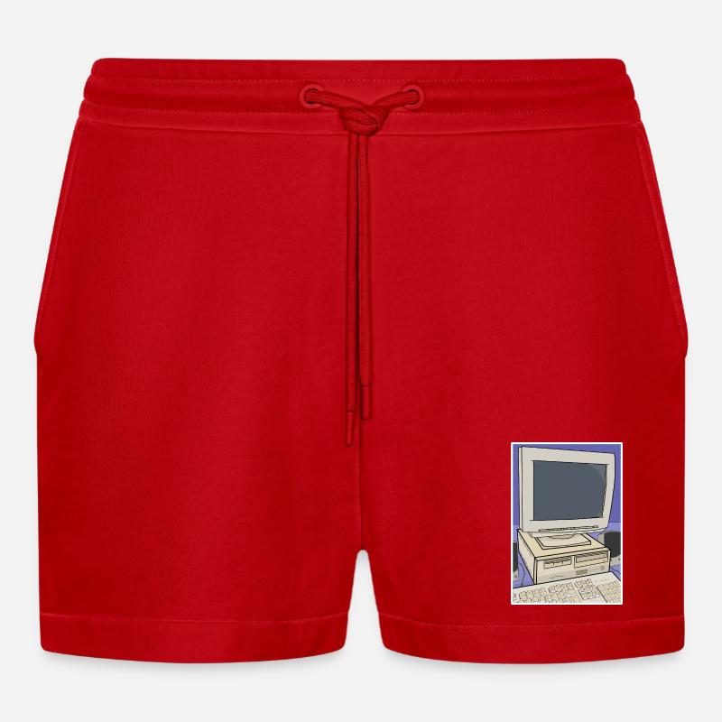 Retro Computer Desktop Setup - Organic Relaxed Cropped Shorts Made in EU - red